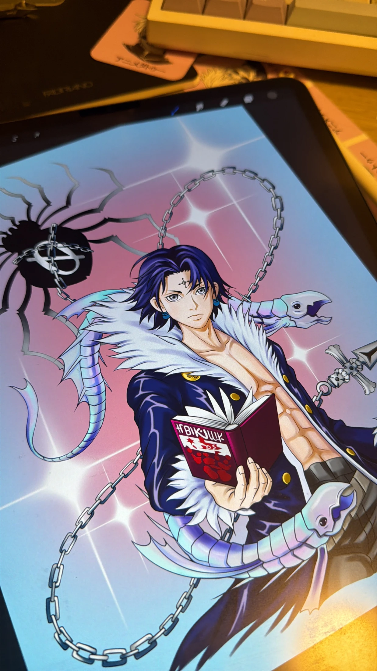 Digital illustration of Chrollo from Hunter x Hunter with a spider, chains and a book, shown on a drawing tablet