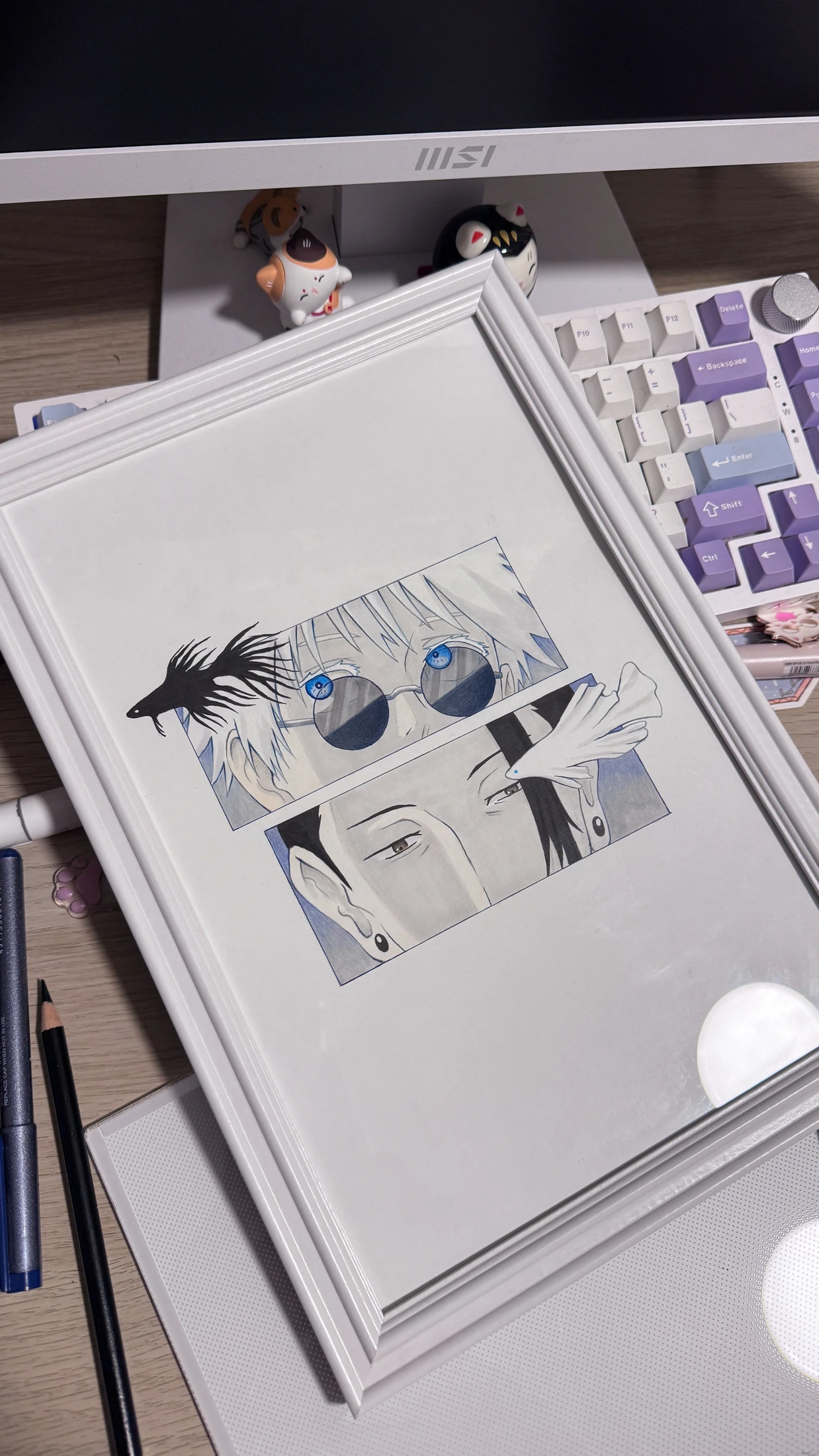 Framed illustration of an anime character with an eyes panel, made with markers