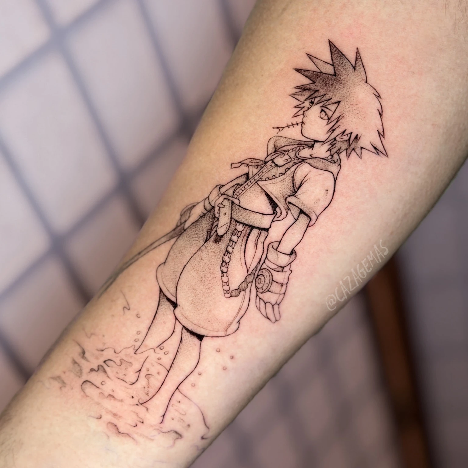 Fine line tattoo of a spiky-haired anime character walking