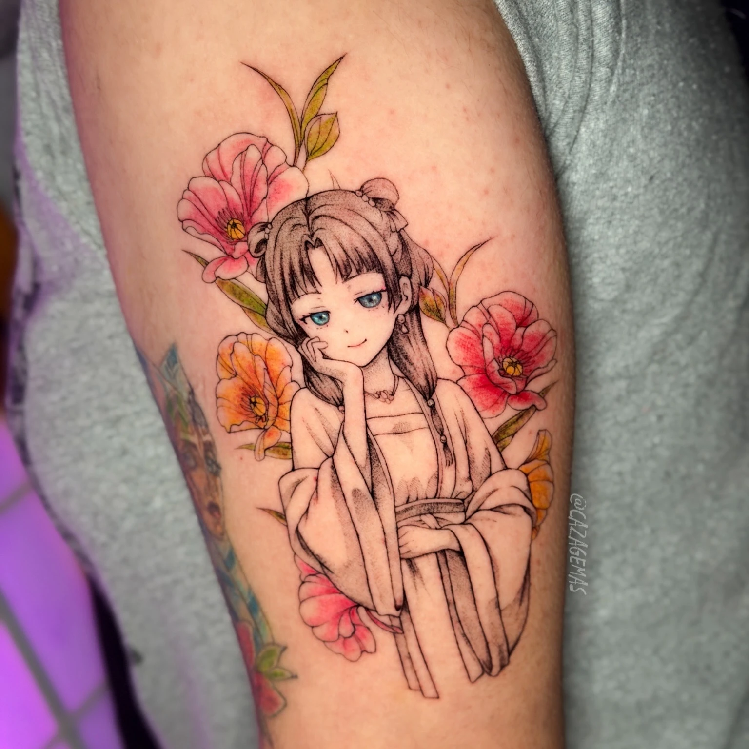 Tattoo of an anime girl in a kimono surrounded by red and orange flowers