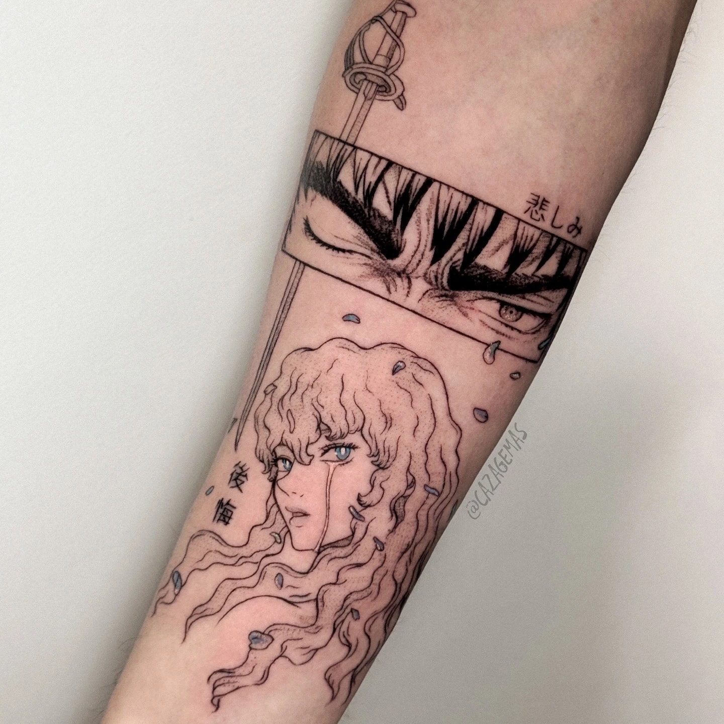 Manga tattoo with intense eyes above the portrait of a long-haired character
