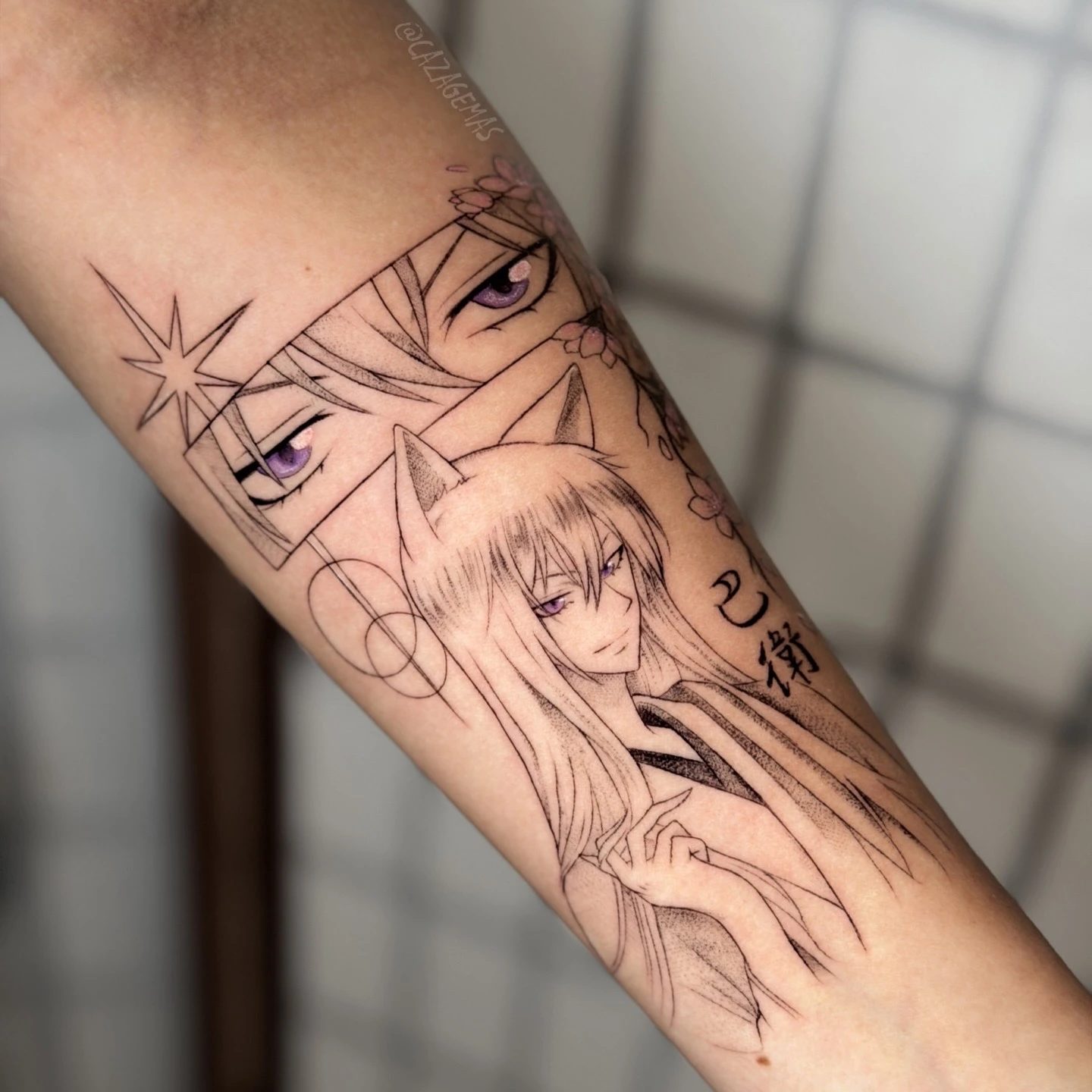 Fine line tattoo of a light-haired character with a panel of violet eyes