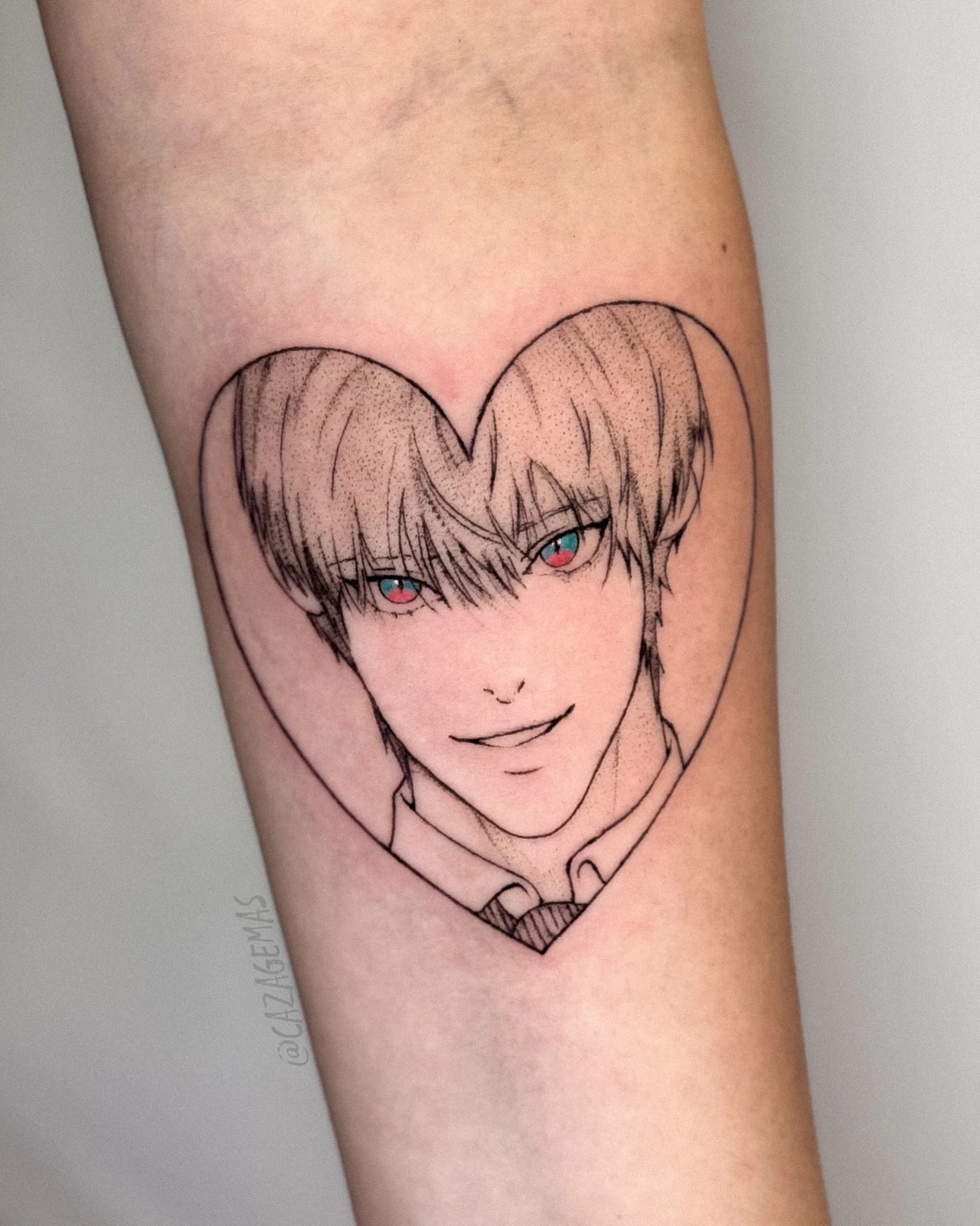 Tattoo of a smiling young anime character inside a heart