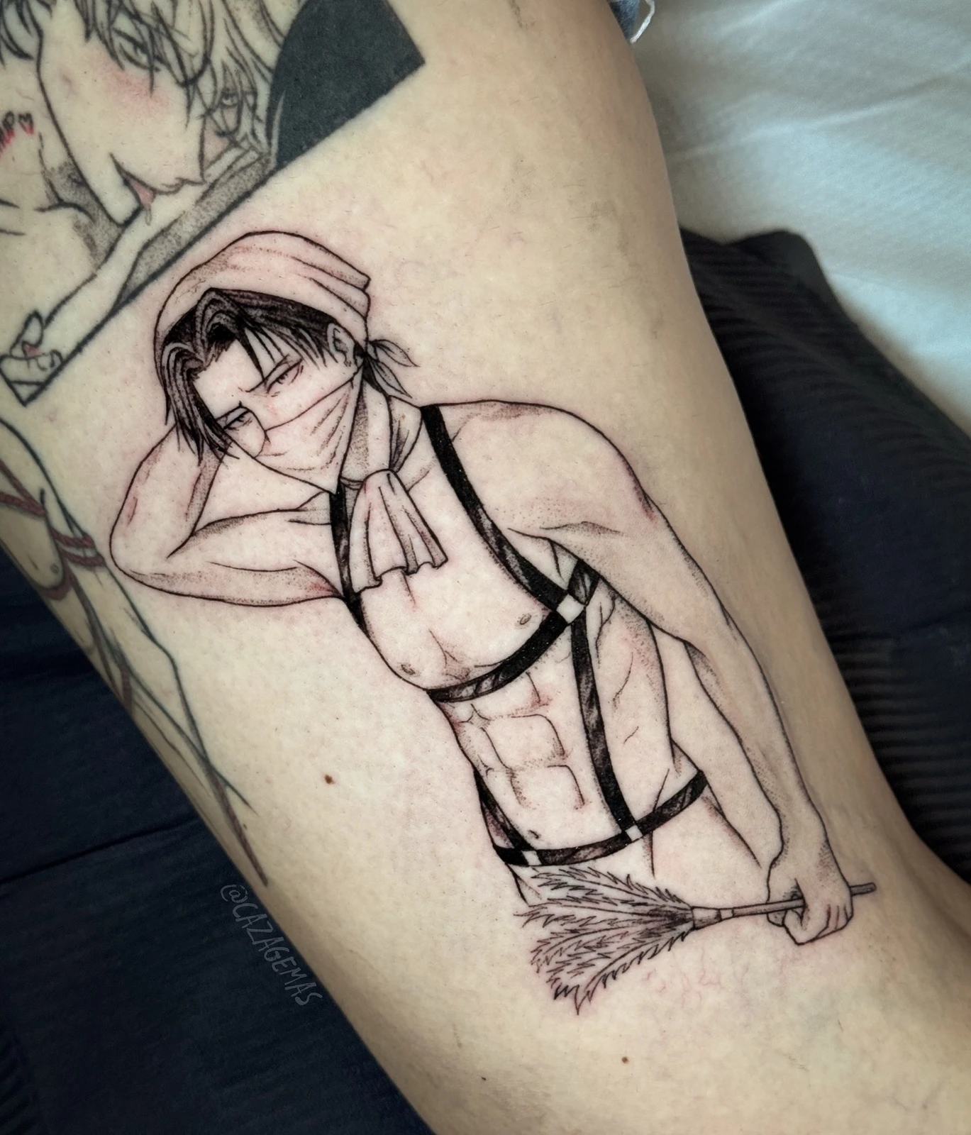Fine line tattoo of an anime character with an apron and harness