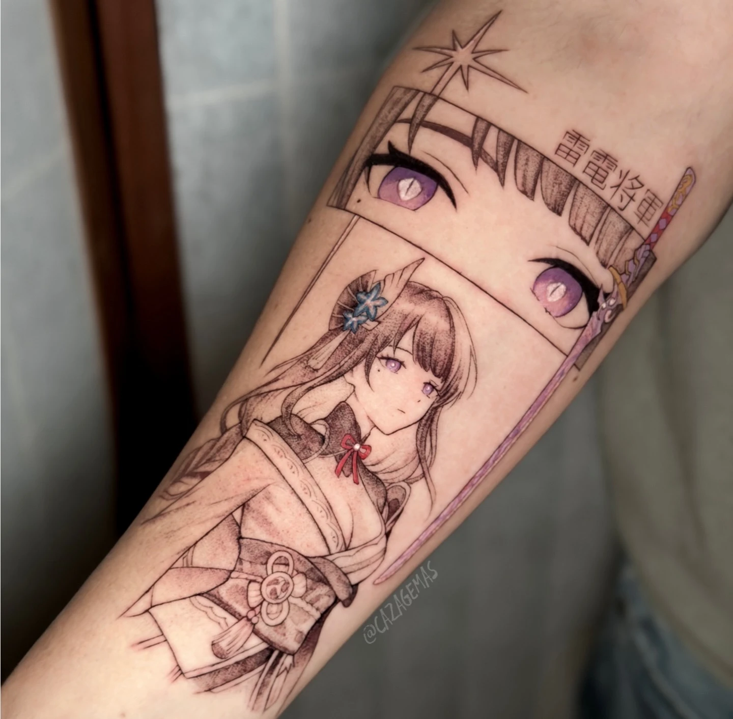 Tattoo of an anime girl with a panel of violet eyes and a flower detail