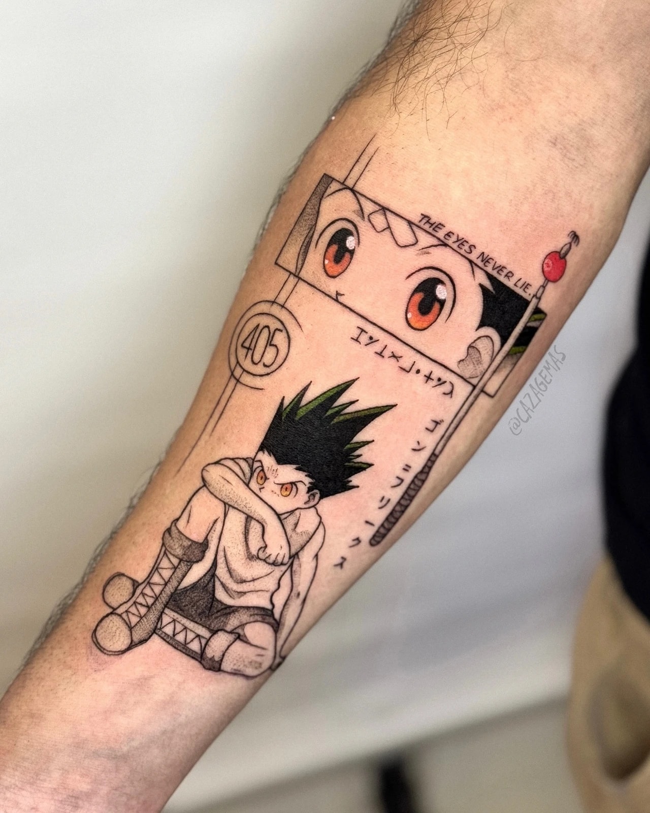 Tattoo of Gon from Hunter x Hunter with a panel of orange eyes, in manga style