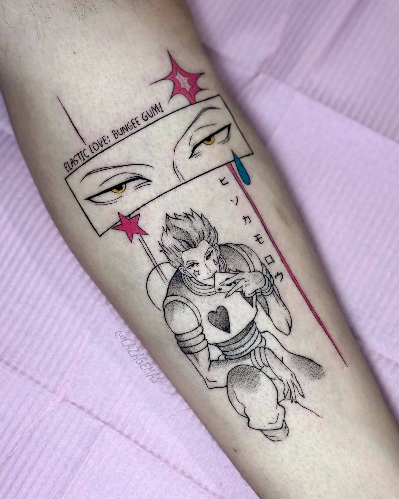 Tattoo of Hisoka from Hunter x Hunter with an eyes panel and red and blue details