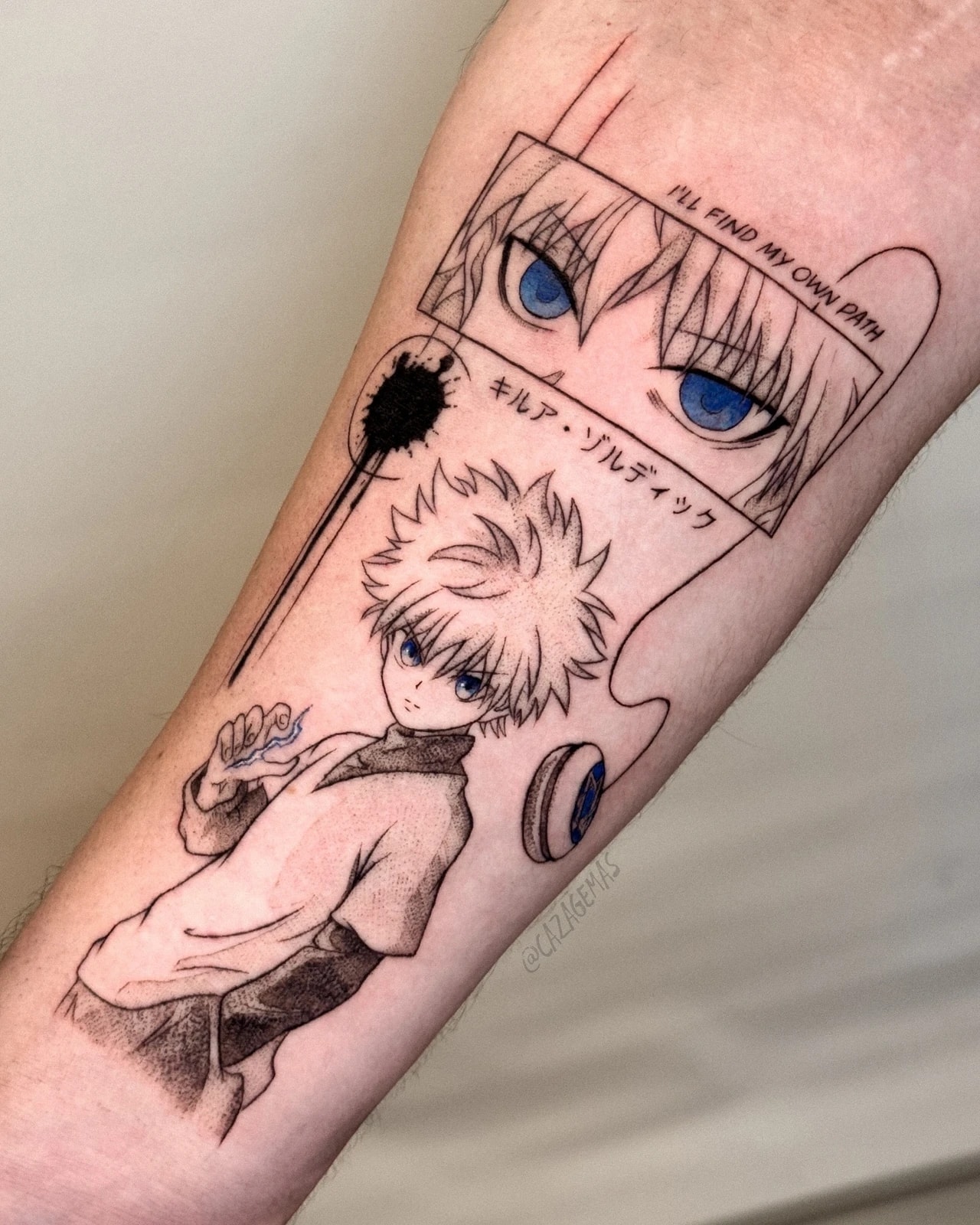 Fine line tattoo of Killua from Hunter x Hunter with a panel of blue eyes
