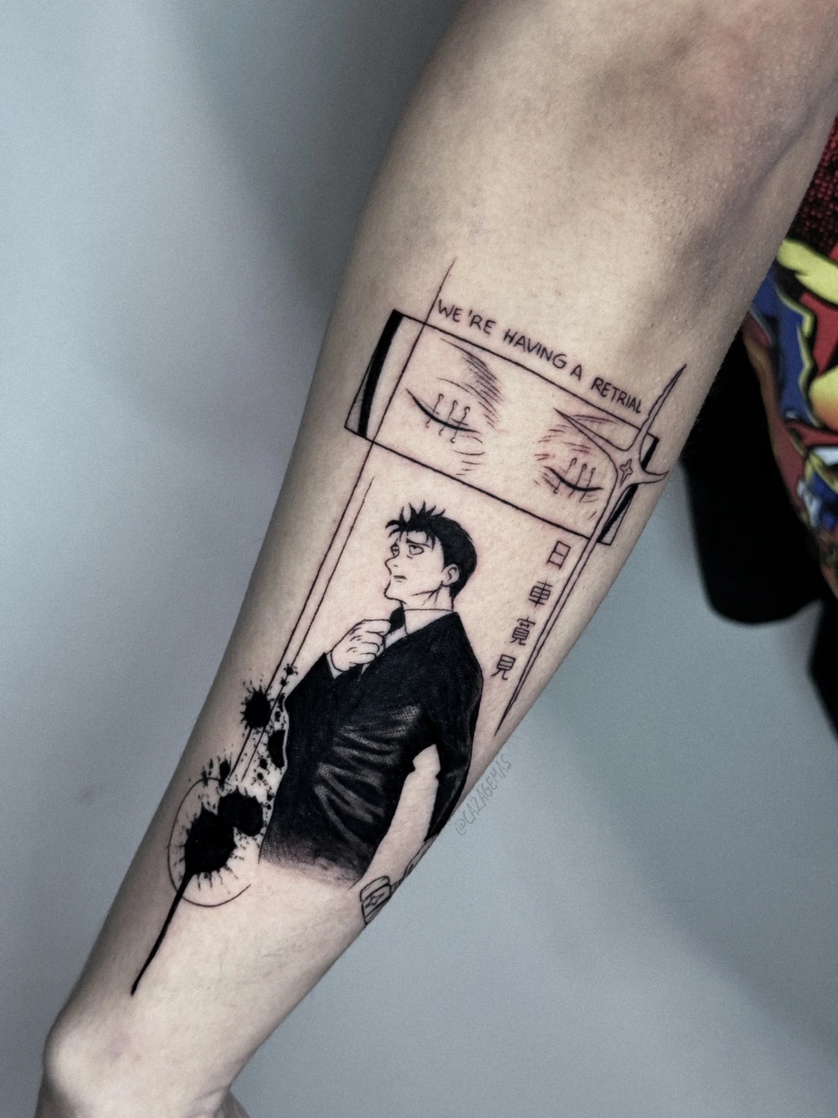 Black and white manga tattoo of a character in a suit with an eyes panel