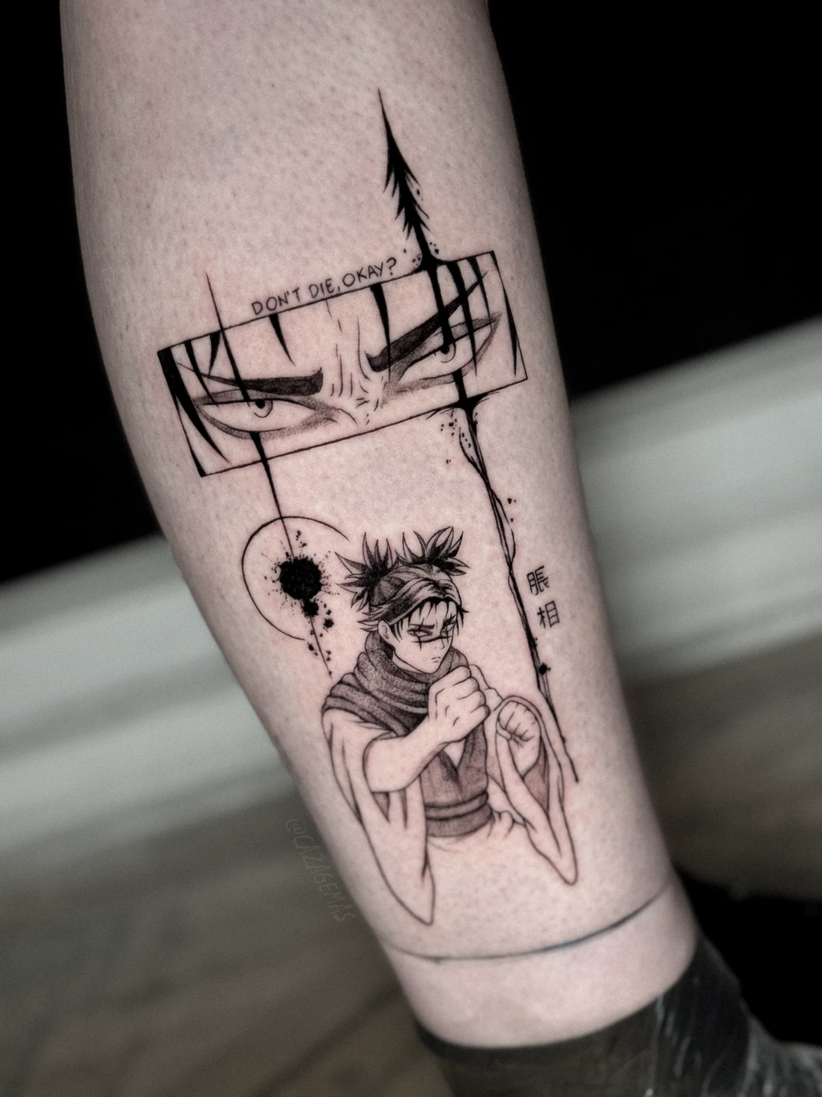 Manga tattoo with an eyes panel and a character in a kimono, with ink splatters