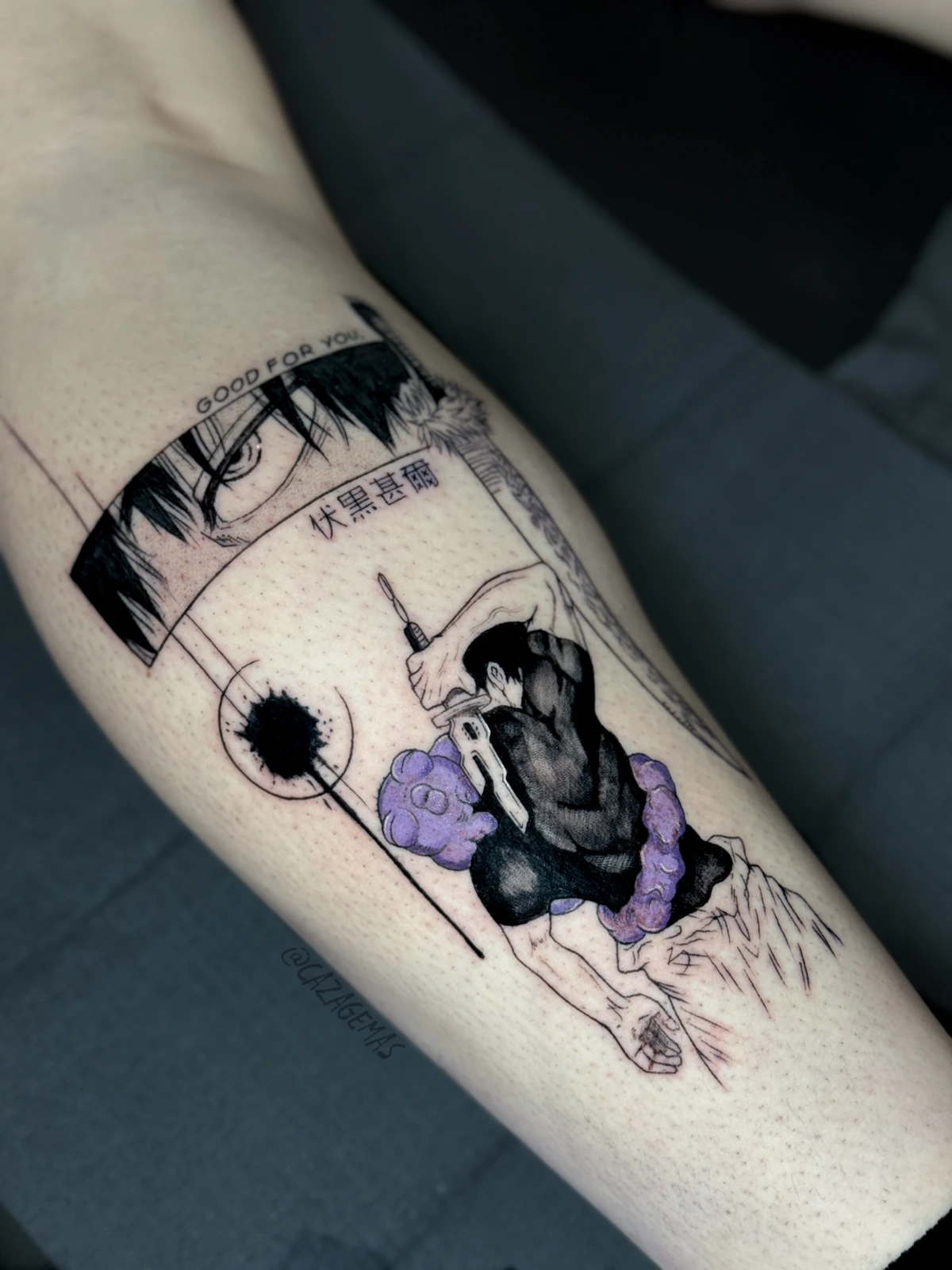 Tattoo of an anime character with an eyes panel and violet details