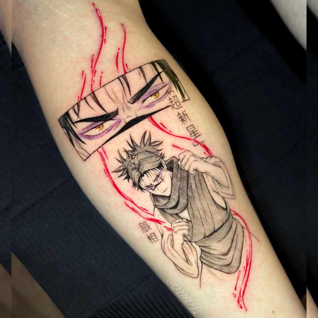 Manga tattoo with an eyes panel and red strokes