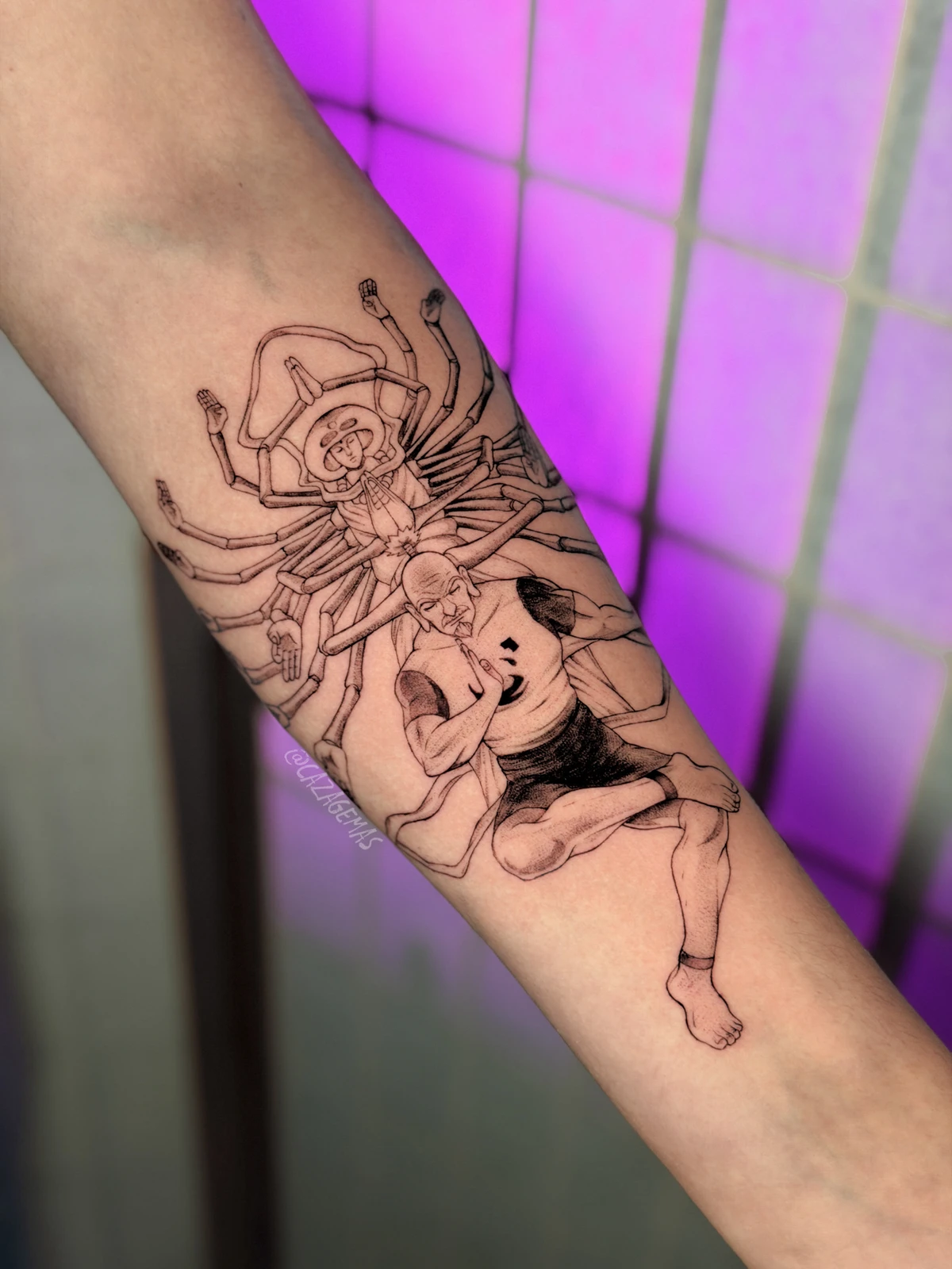 Fine line tattoo of a spider next to an anime character